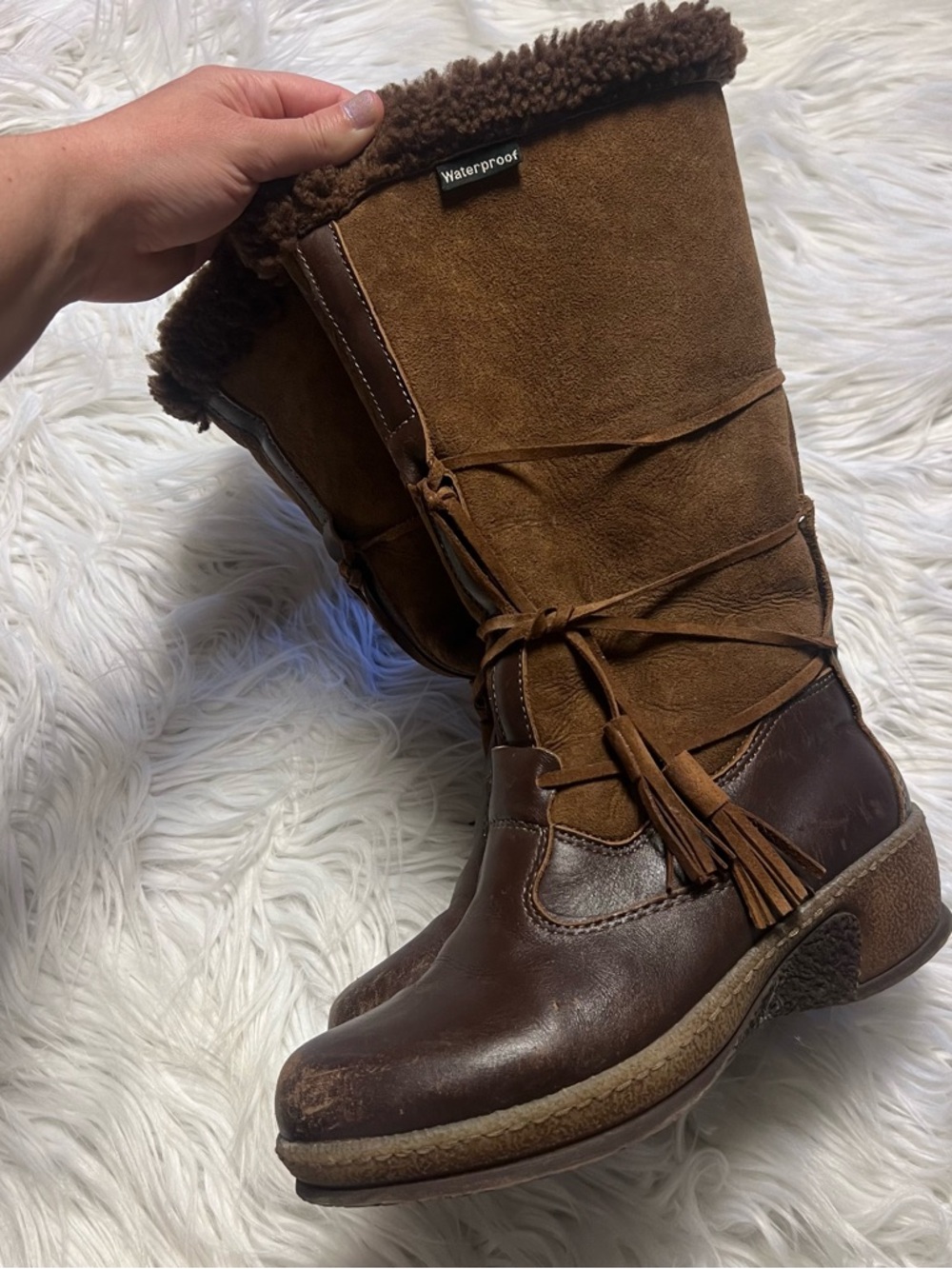 Waterproof suede leather Brown Women's Winter Boots with Tassel Detail